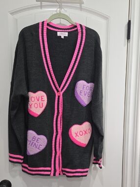 Pink Trim Black Heart Cardigan Sweater